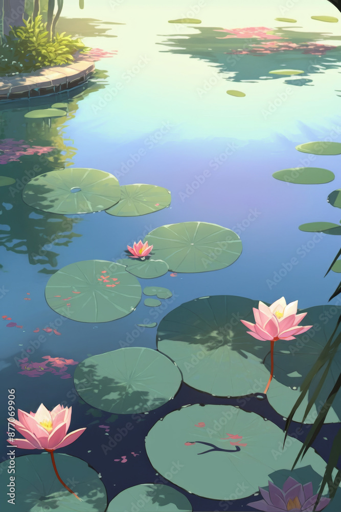 A Delicate Lily Pond Creates a Tranquil Haven in this Minimalist Illustration of a Zen Space A Delicate Lily Pond Creates a Tranquil Haven in this Minimalist Illustration of a Zen Space