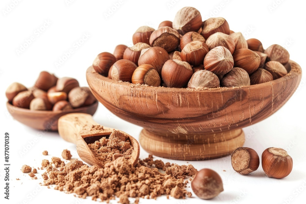 A wooden bowl filled with nuts and surrounded by a pile of them A wooden bowl filled with nuts and surrounded by a pile of them