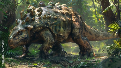 Vividly depicted ankylosaurus in unusual pose in lush jurassic forest setting with realistic detail photo