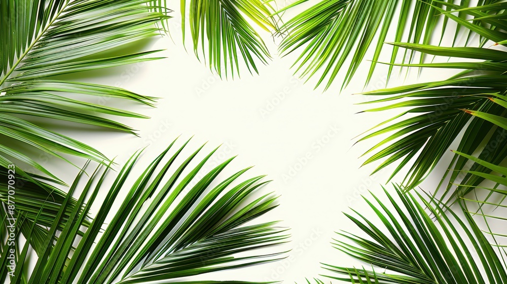 Green, overlapping tropical leaves create a decorative border around a white center, producing a fresh and green appearance, suitable for various design purposes. Green, overlapping tropical leaves create a decorative border around a white center, producing a fresh and green appearance, suitable for various design purposes.