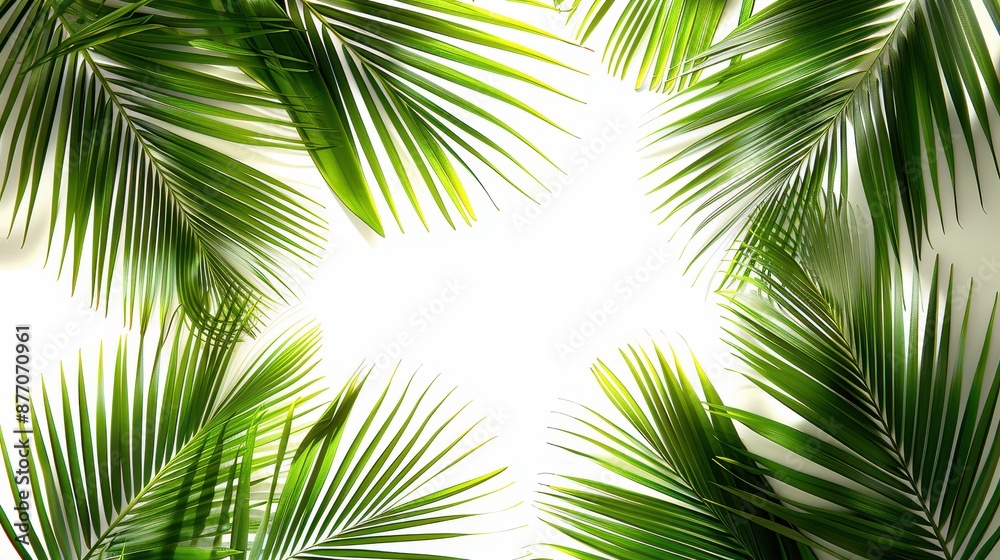 A fresh scene where green tropical leaves form a lush border around a white center, offering a vibrant and natural look with a tropical feel, perfect for design use.