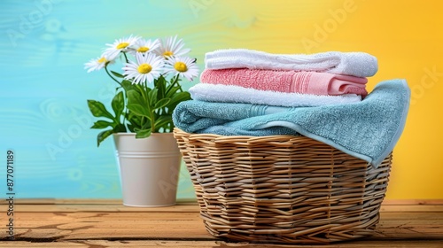 A neatly arranged basket of colorful folded towels set beside a flowering plant on a wooden surface, evoking a sense of cleanliness and freshness. Great for home decor themes.