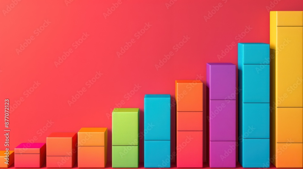 A visually appealing bar graph made up of colorful, stacked boxes increasing in height, set against a vibrant gradient red background symbolizing growth and progress. A visually appealing bar graph made up of colorful, stacked boxes increasing in height, set against a vibrant gradient red background symbolizing growth and progress.