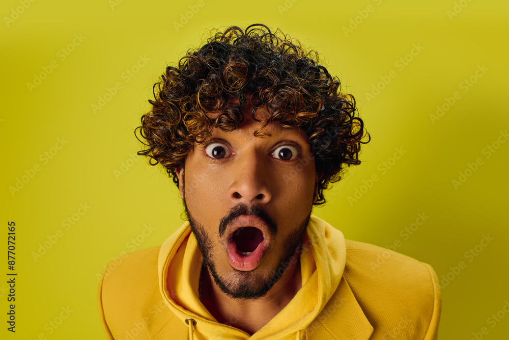 Handsome young Indian man with curly hair looking surprised. Handsome young Indian man with curly hair looking surprised.