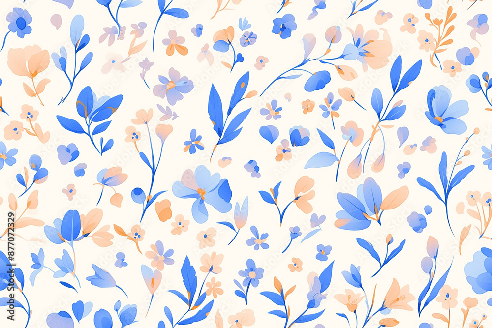Fototapeta premium A seamless pattern with delicate blue and peach flowers and leaves scattered on a white background, creating a fresh and light design.
