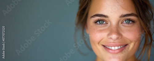 a close-up of a beautiful woman with a playful expression, her face lit up with mischief and a cheeky smile, capturing a moment of lighthearted fun, providing clear copy space for text photo
