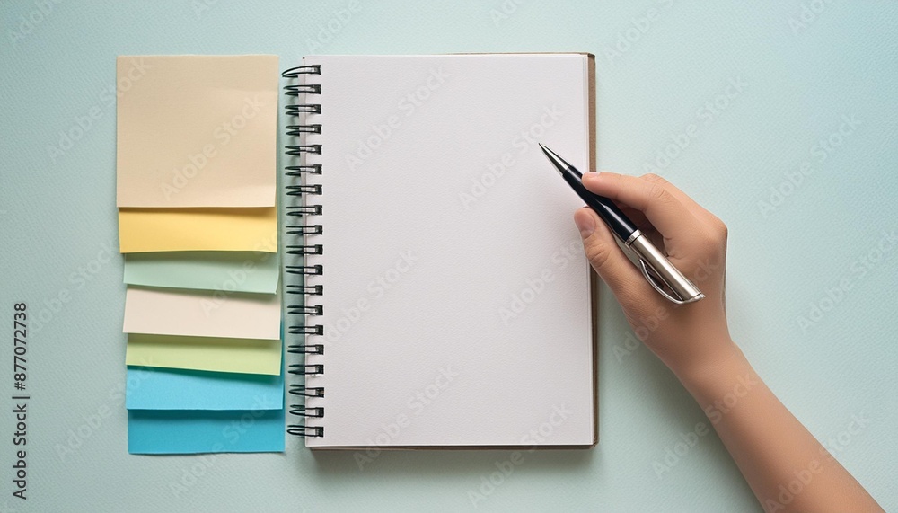 Top view of a blank white paper sheet with colorful sticky notes and a pen nearby. Top view of a blank white paper sheet with colorful sticky notes and a pen nearby.
