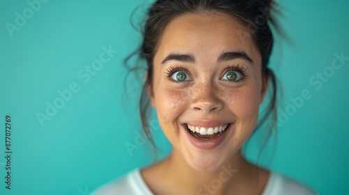 a close-up of a beautiful woman with an excited expression, her eyes wide and her smile bright as she reacts to thrilling news, providing ample copy space for text