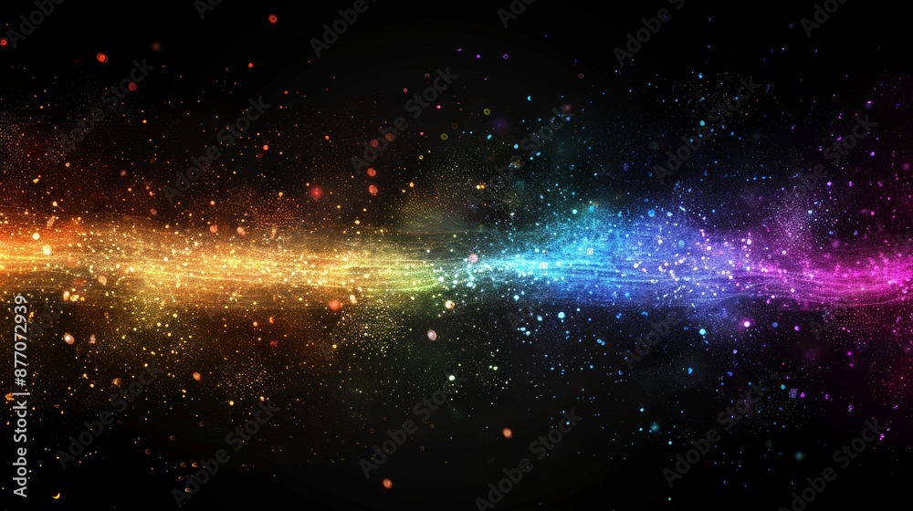 Colorful rainbow energy burst with sparkling glitter on a dramatic dark background Colorful rainbow energy burst with sparkling glitter on a dramatic dark background