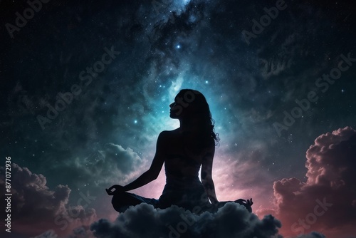 Silhouette human lotus position, meditation space galaxy cloud nebula, cosmos background wallpaper