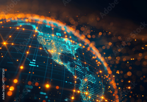 The digit world globe centered on America, the concept of global network and connectivity on Earth, data transfer and cyber technology, information exchange, and international telecommunication design