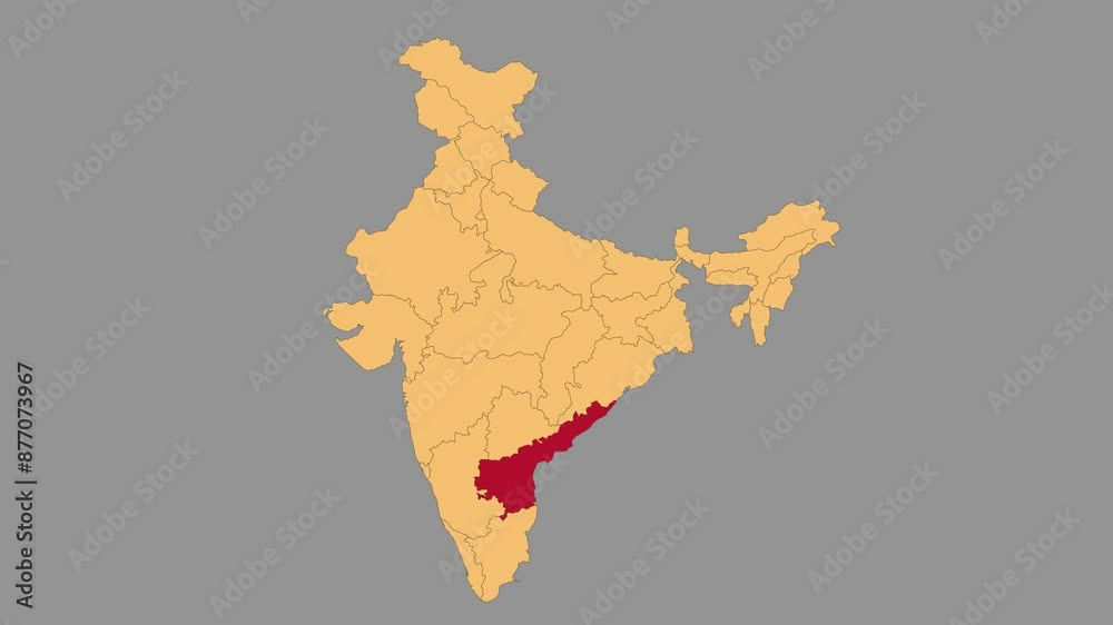Andra Pradesh map animated video. Map Highlighted on the India map with animation and colour with Gray background in video format.