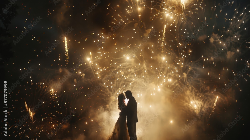 Mesmerizing moment bride and groom amidst sparkling fireworks in stunning night sky portrait Mesmerizing moment bride and groom amidst sparkling fireworks in stunning night sky portrait