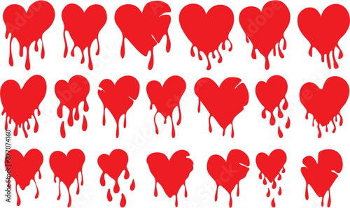 Set of Dripping Red Hearts, Red Grunge Heart illustration, Heart vector