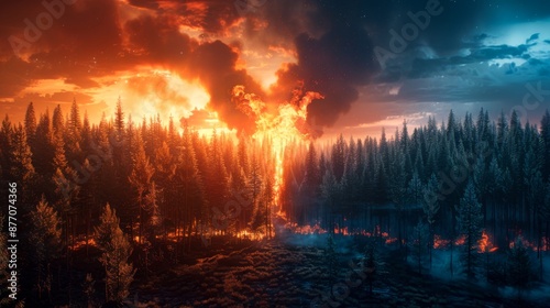 A comparison image showing a forest split between a wildfire raging through a forest and green fores