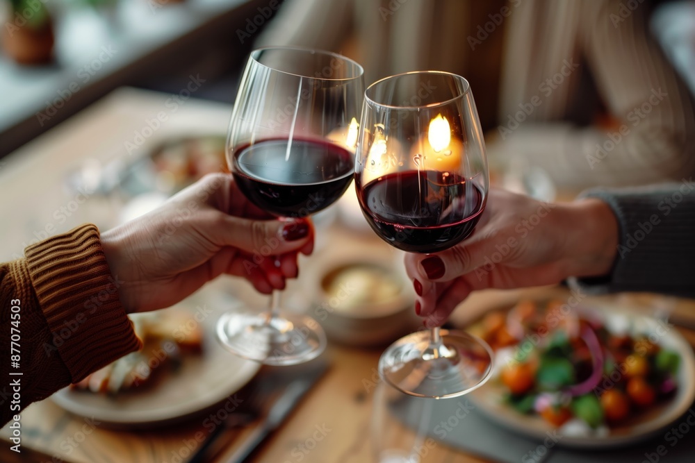 Obraz premium Elegant Couple Toasting with Red Wine at Candlelit Dinner Table