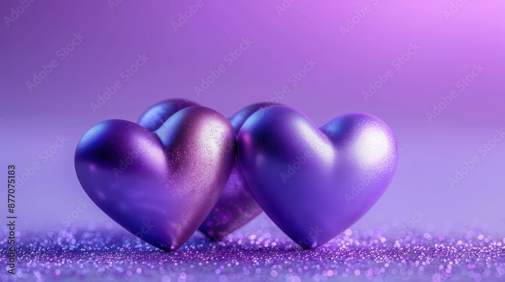 Fototapeta premium A mesmerizing image of purple hearts with a shiny surface placed on a sparkly purple background, perfectly illustrating the beauty and joy of love and celebration.