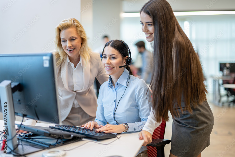 In a call center, telemarketing managers and employees provide customer service, tech support, and CRM assistance, while mentors offer advice and coaching to the staff. In a call center, telemarketing managers and employees provide customer service, tech support, and CRM assistance, while mentors offer advice and coaching to the staff.