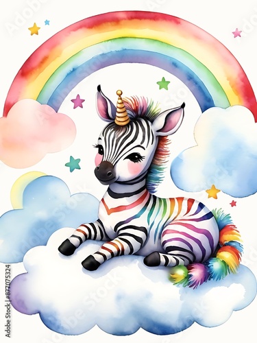 Watercolor illustration of baby zebra sitting on cloud with vibrant rainbow background. Africa animal clip art for design, story book, nursery decor, wallpaper 