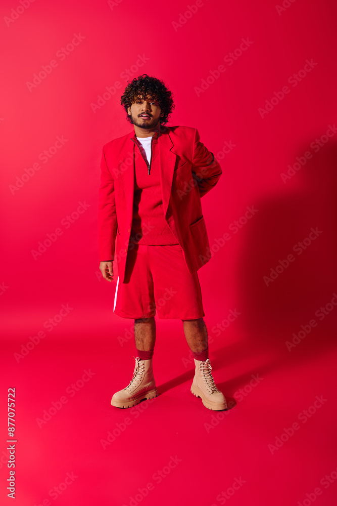 Handsome young Indian man posing in front of a bright red backdrop.