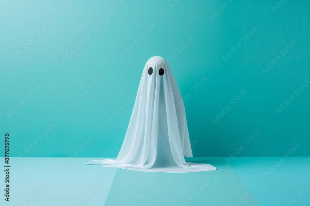 3D illustration mockup and rendering presents a charming ghost, dressed in a white sheet, radiating happiness with its joyful smile, isolated green blue background. 3D illustration mockup and rendering presents a charming ghost, dressed in a white sheet, radiating happiness with its joyful smile, isolated green blue background.
