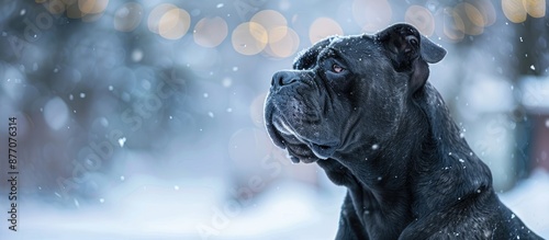 The Cane Corso dog eagerly awaits its owner outdoors during the winter season, with a background of blank space suitable for adding text. photo