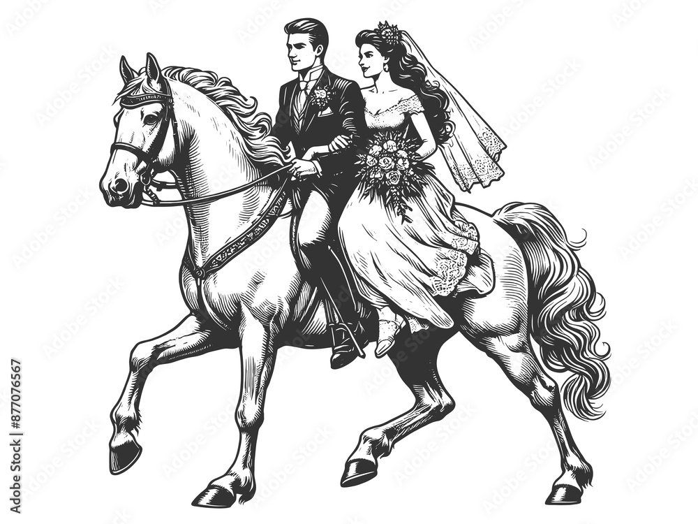 Fototapeta premium bride and groom in traditional wedding attire riding a horse romantic moment sketch engraving generative ai fictional character raster illustration. Scratch board imitation. Black and white image.