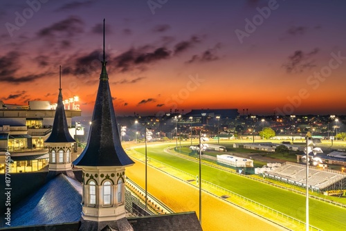 View of Churchill Downs race track in Louisville, Kentucky with a vibrant sunset sky photo