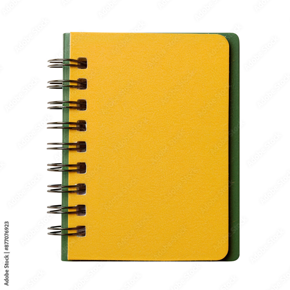 A small, spiral-bound notebook with a bright yellow cover, perfect for jotting down notes, ideas, and sketches. isolated on white background A small, spiral-bound notebook with a bright yellow cover, perfect for jotting down notes, ideas, and sketches. isolated on white background