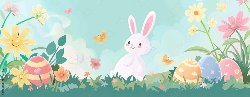 a cheerful background for Easter, with eggs, bunnies, and pastel colors a cheerful background for Easter, with eggs, bunnies, and pastel colors