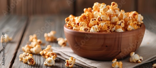 Homemade caramel popcorn in a bowl on a rustic wooden table with a grey backdrop, perfect for a copy space image. photo