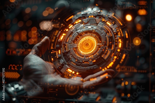 Hand of person grasps object featuring cogwheel adorned with vibrant orange lights, surrounded by intricate digital mechanical elements, symbolizing integration of advanced technology.