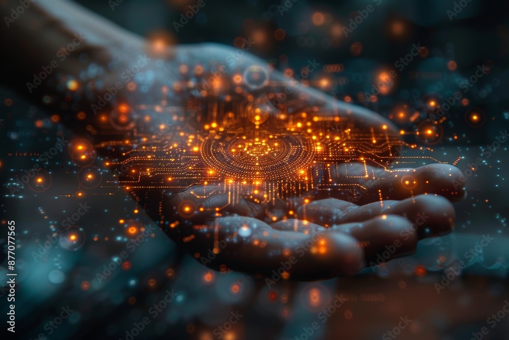 Hand of person grasps object featuring cogwheel adorned with vibrant orange lights, surrounded by intricate digital mechanical elements, symbolizing integration of advanced technology. Hand of person grasps object featuring cogwheel adorned with vibrant orange lights, surrounded by intricate digital mechanical elements, symbolizing integration of advanced technology.
