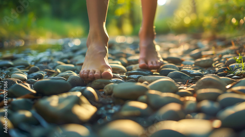 A woman walks barefoot on the stone coast, her bare feet feeling the cool, textured surface as she runs an errand along the shoreline.