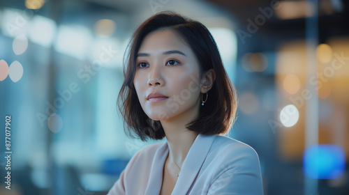 Serious businesswoman in modern office background