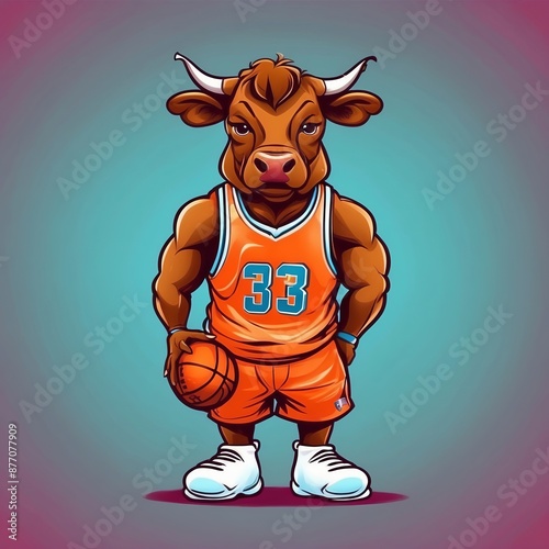 Cute baby bull basketball player Vector Logo little animal character, illustration simbol print