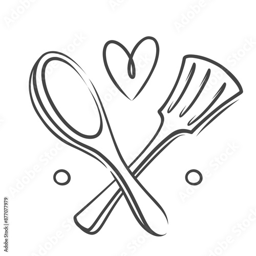 Chefs spoon and spatula icon with heart, restaurant retro logo design. Funny doodle professional chef tools for kitchen. Hand drawn catering service elements, love for cooking icon vector illustration