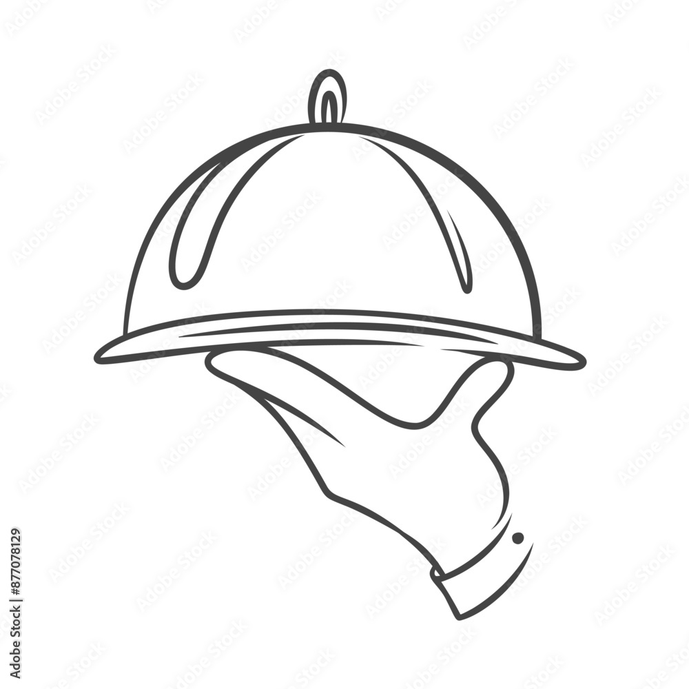 Fototapeta premium Waiter hand with cloche tray icon, restaurant retro logo design. Funny doodle order of gourmet dish on plate, food serving emblem. Hand drawn tray of chef with dome cap icon vector illustration