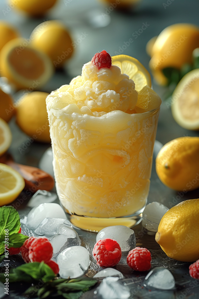 Glass of Frozen Lemonade Slushy on the table, surrounded with fresh lemons. Glass of Frozen Lemonade Slushy on the table, surrounded with fresh lemons.