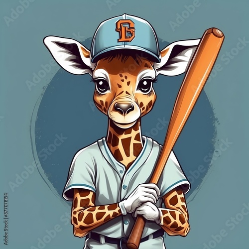 Cute baby giraffe baseball player Vector Logo little animal character, illustration simbol print