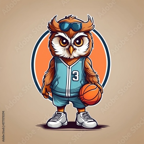 Cute baby owl basketball player Vector Logo little animal character, illustration simbol print