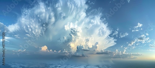 A drone captures an approaching atmospheric front with thunderstorms, rain, hail, and squally wind against a blue sky with white clouds, creating a dramatic copy space image. photo