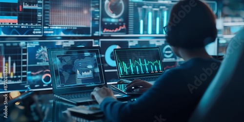 Customer Data Analysis Professionals working with customer data insights on laptops, with charts and graphs displayed on screens, emphasizing data-driven decision-making. 