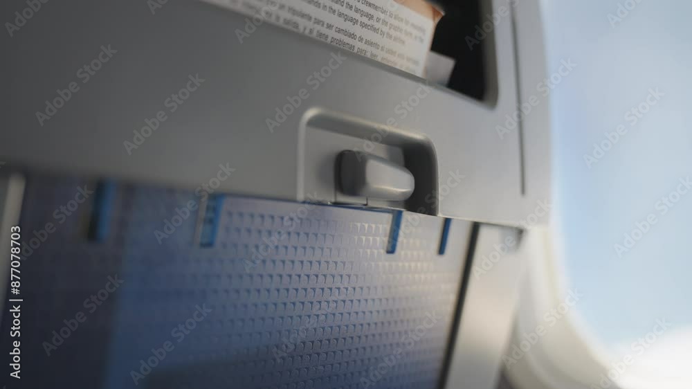 Open plane tray table. Opening passenger's hand opening the tray table on an airplane for a meal. air travel experiences. Having food on a flight. Dinner lunch or breakfast. Close up Open plane tray table. Opening passenger's hand opening the tray table on an airplane for a meal. air travel experiences. Having food on a flight. Dinner lunch or breakfast. Close up