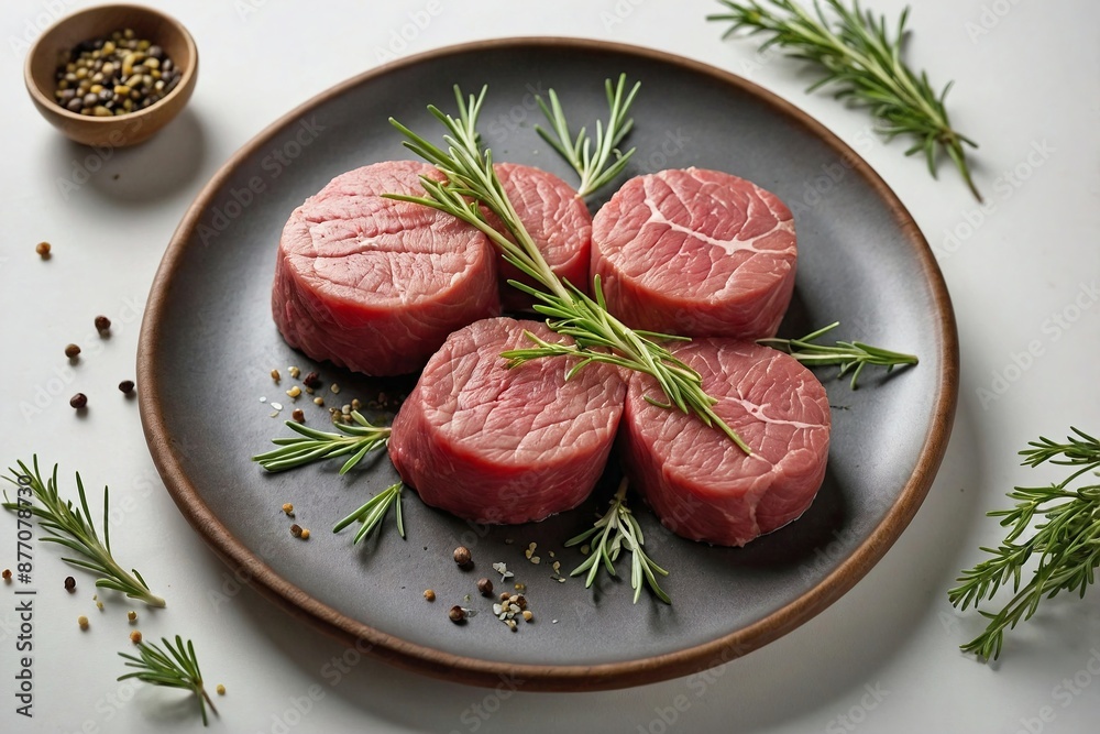 an image from above showing raw beef tenderloin medallions on a plate, positioned elegantly with sprigs of fresh herbs an image from above showing raw beef tenderloin medallions on a plate, positioned elegantly with sprigs of fresh herbs