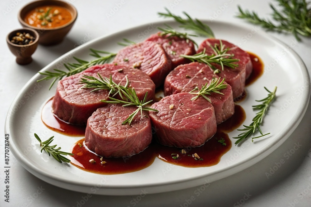 an image from above showing raw beef tenderloin medallions on a plate, positioned elegantly with sprigs of fresh herbs an image from above showing raw beef tenderloin medallions on a plate, positioned elegantly with sprigs of fresh herbs