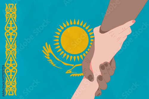 Helping hand against the Kazakhstan flag. The concept of support. Two hands taking each other. A helping hand for those injured in the fighting, lend a hand photo