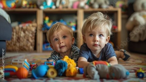 Adorable Toddlers' Playtime: Beautiful Caucasian Boy and Girl at Colourful Kindergarten