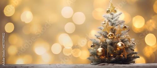Close-up festive composition with a decorated Christmas tree surrounded by soft yellow lights and a bokeh effect background, featuring new year holiday decorations and offering copy space image. photo