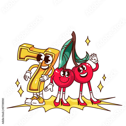 Groovy seven sign and cherry cartoon characters of casino slot machine. Funny retro personages of casino gamble game, jackpot chance mascot, cartoon sticker of 70s 80s style vector illustration